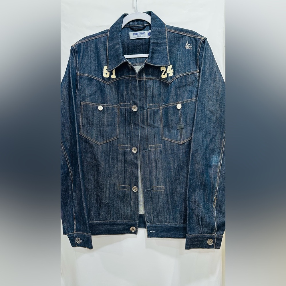 SABIT NYC Men's Denim Jacket Biker Patches Embellished Blue L RARE